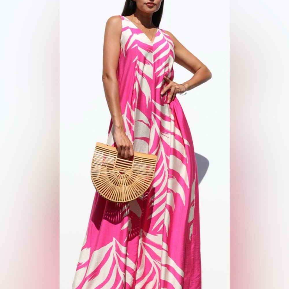 Vibrant Pink and Cream Leaf Print Jumpsuit - Picture 2 of 3